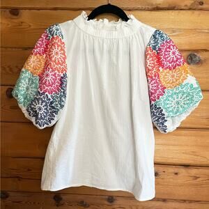 THML White Cotton Embroidered Flowers Top Puffy Sleeves Ladies XS